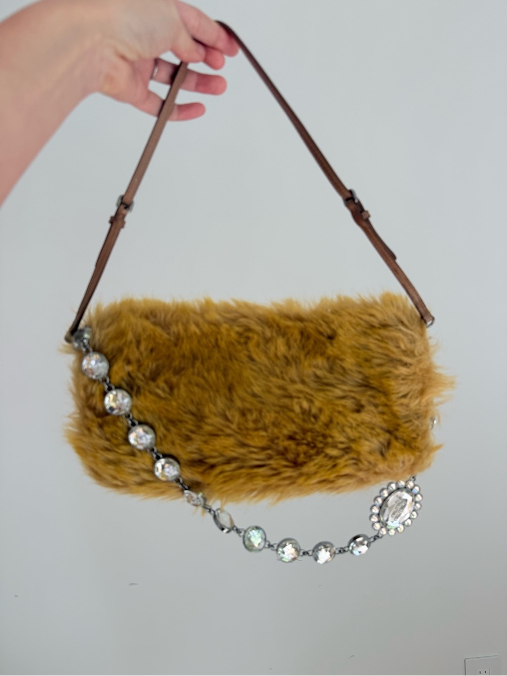 Miu Miu Mustard Brown Faux Fur Shoulder Bag with Crystal Strap